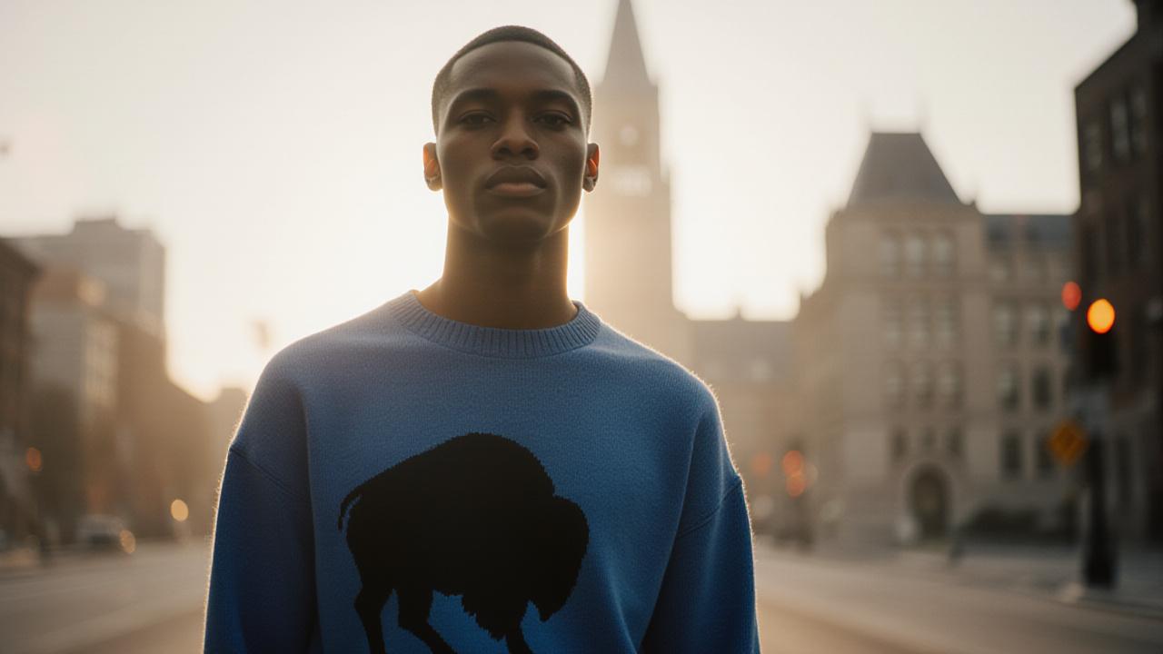 Models in Buffalo-inspired apparel near Buffalo City Hall