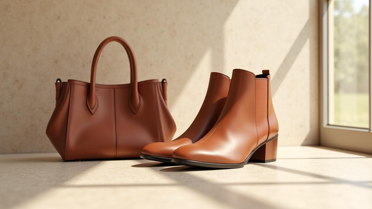 Close-up of designer vegan boots and a minimalist handbag