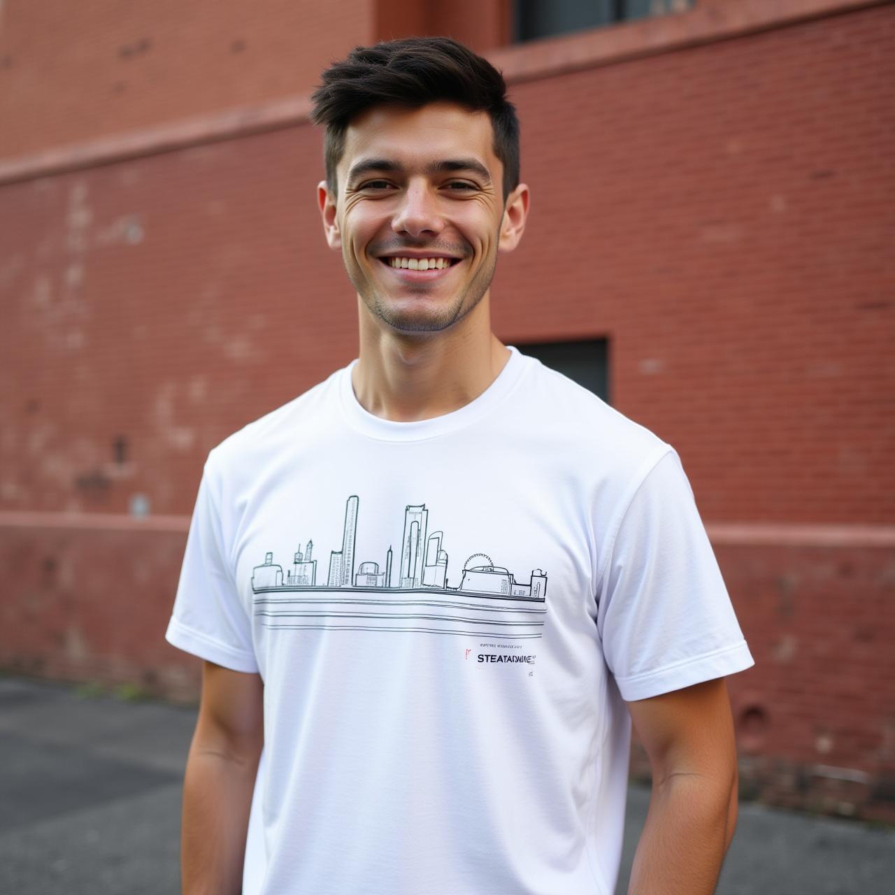 Modern Buffalo graphic tee against a rustic brick wall