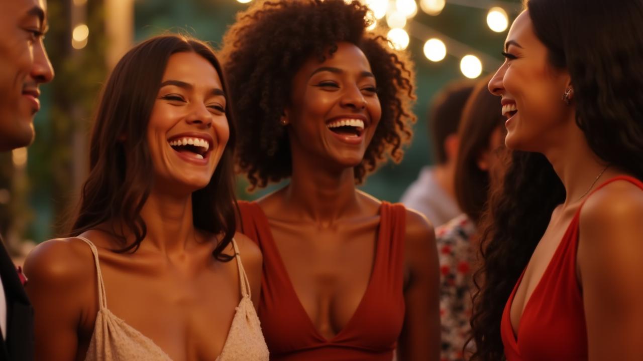 Group of stylishly dressed friends celebrating at an elegant outdoor evening event
