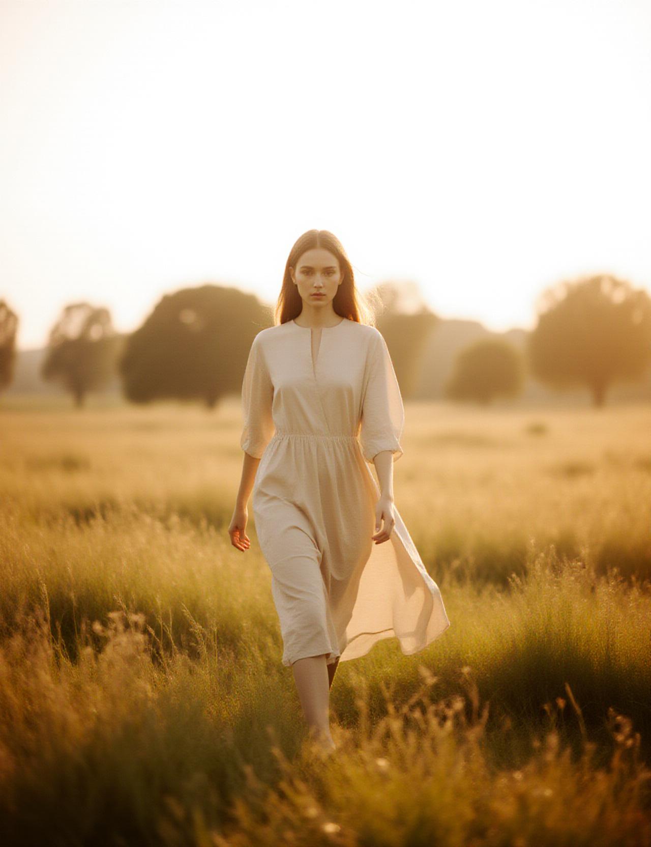Model wearing organic cotton essentials in a sunlit meadow